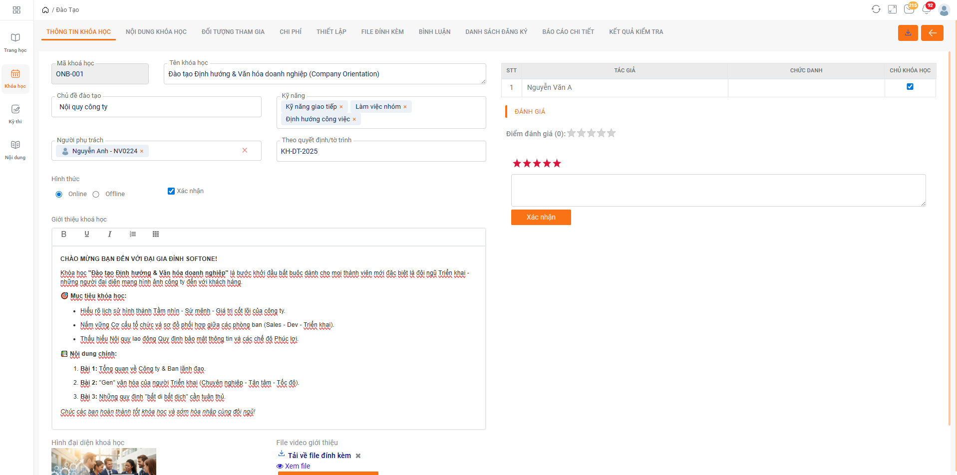 Quản lý khóa học và nội dung đào tạo tập trung